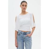 Madmext Beyaz Belden Büzgülü Yarasa Kollu Açık Omuz Bluz MG2672