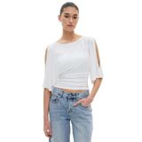 Madmext Beyaz Belden Büzgülü Yarasa Kollu Açık Omuz Bluz Mg2672,Beyaz L