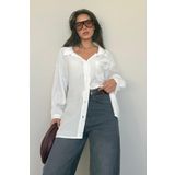 Madmext Beyaz Cepli Kadın Uzun Kollu Gömlek MG2409