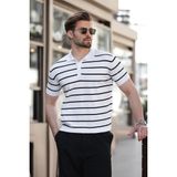 Madmext Beyaz Çizgili Polo Yaka Triko Erkek T-shirt E7405