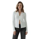 Madmext Beyaz Polo Yaka Çift Fermuarlı Slim Fit Kadın Body Mg2652,Beyaz XL