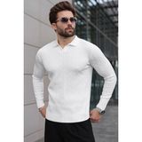 Madmext Beyaz Polo Yaka Saç Örgü Desenli Erkek Triko Kazak E7519 - XL