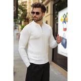 Madmext Beyaz Polo Yaka Yarım Fermuarlı Dokulu Erkek Triko Kazak E7510 - XL