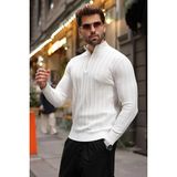 Madmext Beyaz Slim Fit Hakim Yaka Fermuarlı Erkek Triko Kazak E7518
