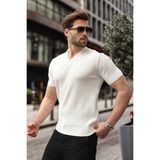 Madmext Beyaz V Yaka Kısa Kollu Triko Erkek Tişört E7467 - 2XL