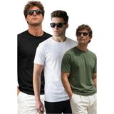 Madmext Beyaz/siyah/haki Bisiklet Yaka Regular Fit 3'lü Set Erkek Tişört E7508