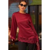 Madmext Bordo Asimetrik Dantelli Uzun Kollu Saten Bluz MG2799