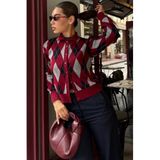Madmext Bordo Baklava Desenli Polo Yaka Kadın Hırka Mg2478,Bordo L
