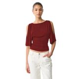 Madmext Bordo Belden Büzgülü Yarasa Kollu Açık Omuz Bluz Mg2672,Bordo M