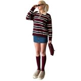 Madmext Bordo Çizgili Düğmeli Polo Yaka Kadın Triko Kazak Mg2280,Bordo M