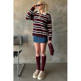 Madmext Bordo Çizgili Düğmeli Polo Yaka Kadın Triko Kazak Mg2280,Bordo S