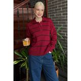 Madmext Bordo Çizgili Polo Yaka Kadın Triko Kazak Mg2470,Bordo M
