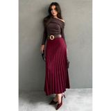 Madmext Bordo Pileli Kemerli Uzun Süet Kadın Etek Mg2576,Bordo S