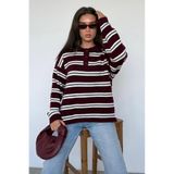 Madmext Bordo Polo Yaka Çizgili Kadın Triko Kazak Mg2469,Bordo M