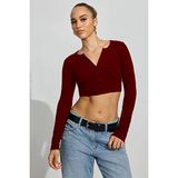 Madmext Bordo Uzun Kollu Düğmeli Kaşkorse Crop Hırka MG2193
