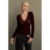 Madmext Bordo V Yaka Dantelli Transparan Kadın Bluz MG2662