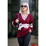 Madmext Bordo V Yaka Nakışlı Kadın Kazak Mg1279,Bordo S