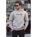 Madmext Boyalı Gri Baskılı Kapşonlu Cep Detaylı Erkek Sweatshirt 7075
