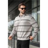 Madmext Boyalı Gri Çizgili Polo Yaka Erkek Sweatshirt E7172,Boyalı Gri L