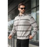Madmext Boyalı Gri Çizgili Polo Yaka Erkek Sweatshirt E7172,Boyalı Gri S