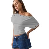 Madmext Boyalı Gri Off Shoulder Metal Detaylı Kadın Bluz Mg2671,Boyalı Gri M