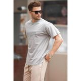 Madmext Boyalı Gri Oversize Bisiklet Yaka Baskılı Erkek Tişört 7018 - XL