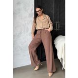Madmext Camel Çizgili Cepli Kadın Gömlek Mg2345