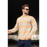 Madmext Camel Çizgili Triko Erkek Kazak E7457 - XL
