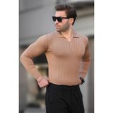 Madmext Camel Polo Yaka Çizgili Uzun Kollu Erkek Kazak 7289