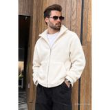 Madmext Ekru Çift Fermuarlı Dik Yaka Peluş Erkek Ceket E7193 - 2XL