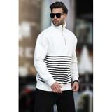 Madmext Ekru Fermuar Yakalı Çizgili Sweatshirt 7056,Ekru M