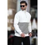 Madmext Ekru Fermuar Yakalı Çizgili Sweatshirt 7056,Ekru S