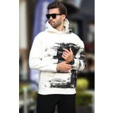 Madmext Ekru Kapüşonlu Desenli Cep Detaylı Erkek Sweatshirt 7059