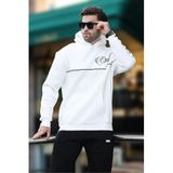 Madmext Ekru Kapüşonlu Şerit Detaylı Baskılı Erkek Sweatshirt 7091,Ekru 2XL