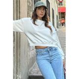 Madmext Ekru Kayık Yaka Kadın Sweatshirt Mg2208,Ekru M