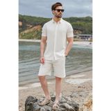 Madmext Ekru Keten Görünümlü Relax Fit Erkek Gömlek Şort Takım E7364