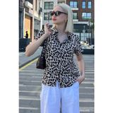 Madmext Ekru Leopar Desenli Kısa Kollu Kadın Gömlek MG2098