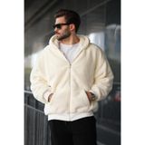 Madmext Ekru Peluş Over Fit Kapüşonlu Fermuarlı Erkek Sweatshirt 6049 Ekru
