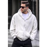 Madmext Ekru Peluş Over Fit Kapüşonlu Fermuarlı Erkek Sweatshirt 6049