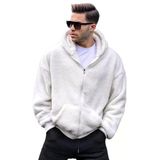 Madmext Ekru Peluş Over Fit Kapüşonlu Fermuarlı Erkek Sweatshirt 6049,Ekru L