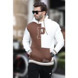 Madmext Ekru Renk Bloklu Kapüşonlu Baskılı Erkek Sweatshirt 7078