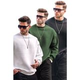 Madmext Ekru/Haki/Siyah Bisiklet Yaka Oversize Şardonlu Basic Erkek 3'Lü Paket Sweatshirt E7448