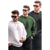 Madmext Ekru/Haki/Siyah Bisiklet Yaka Oversize Şardonlu Basic Erkek 3'Lü Paket Sweatshirt E7448,Çok Renkli XL
