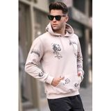 Madmext Erkek Baskılı Kapüşonlu Sweatshirt, Bej, M Beden