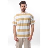 Madmext Erkek Bej-Beyaz Çizgili Oversize Bisiklet Yaka Kısa Kollu Tişört, 2XL