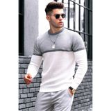 Madmext Erkek Beyaz Blok Desenli Bisiklet Yaka Regular Fit Kazak – %70 Yün %30 Pamuk, Rahat Kesim - 2XL