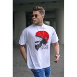 Madmext Erkek Desenli Beyaz Tişört, Regular Kalıp, Bisiklet Yaka, Polyester, S Beden