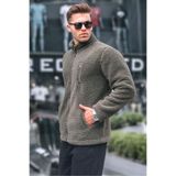 Madmext Erkek Haki Fermuarlı Peluş Sweatshirt, Dik Yaka, S Beden