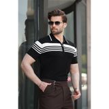 Madmext Erkek Polo Yaka, Fermuarlı, Çizgili Triko T-shirt, Siyah, XL
