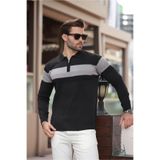 Madmext Erkek Polo Yaka, Fermuarlı, Çizgili, Uzun Kollu Kazak, Siyah
